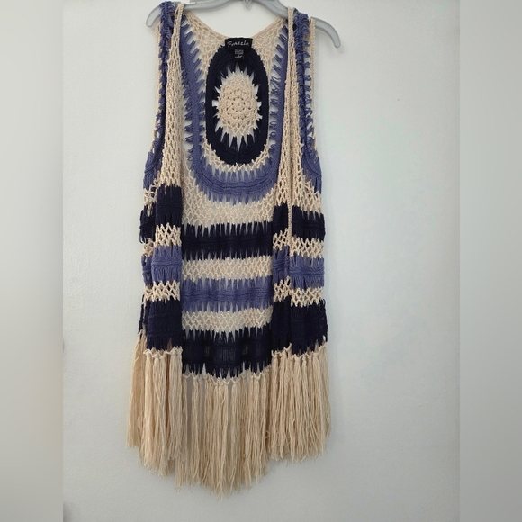 Frazzle Boho Crochet Fringe Vest Open Knit Navy Cream Purple Festival Sz S - Picture 2 of 8